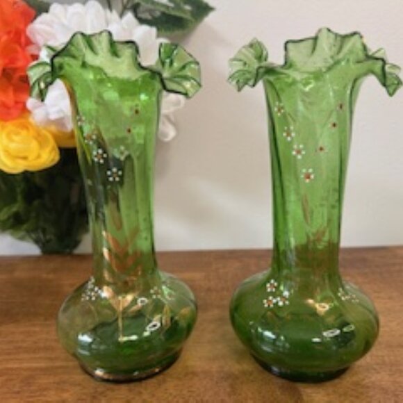 Antique Victorian Green Ruffle Glass Vases Hand Painted Enamel Florals and Gold - Picture 1 of 7